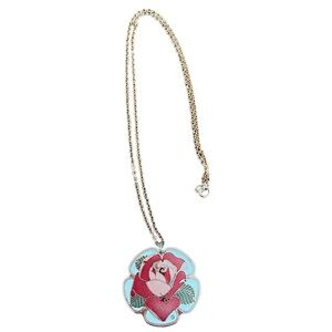 CloisArts Flower Rose  Red Gold Tone Enamel Pendant Necklace